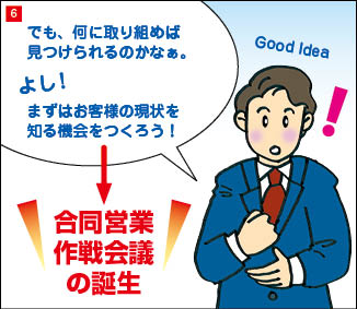 ６コマ目。手を打ち、閃いた表情の社長。「よし！まずはお客様の現状を知る機会をつくろう！」 背景には「合同営業作戦会議の誕生」の文字。