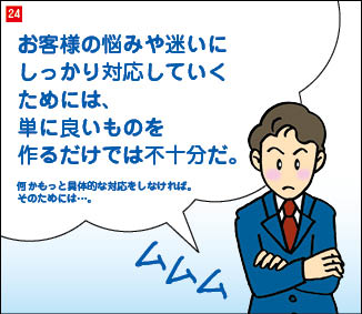 ２４コマ目。腕を組んで考え込む当社社長。「お客様の悩みや迷いにしっかり対応していくためには、単に良いものを作るだけでは不十分だ。」